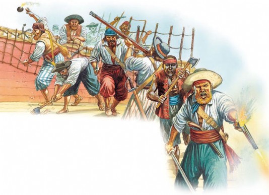 The pirates are armed with muskets and axes.