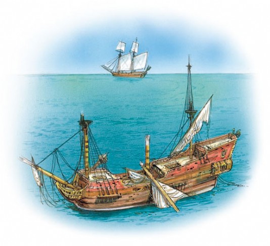 The galleon has had its masts and rudder broken.