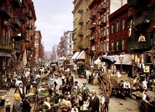 A busy street scene in New York, c.1900