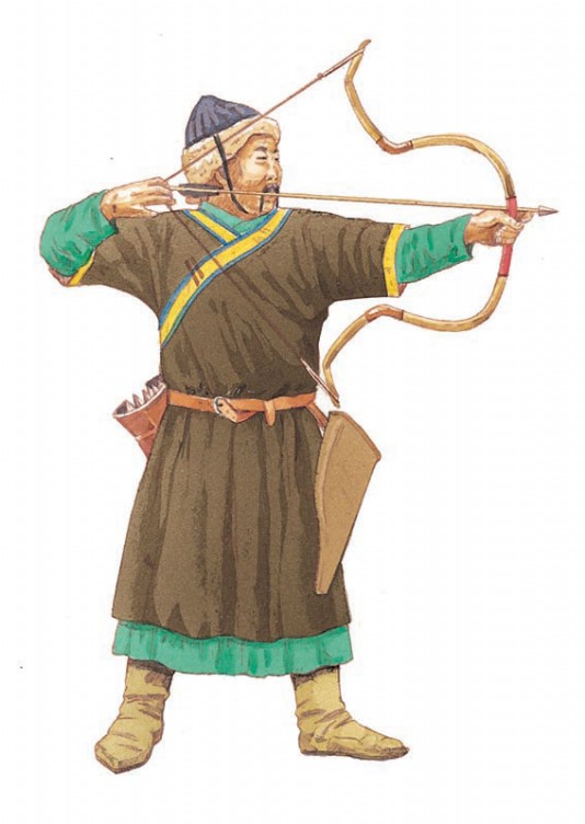 A Mongol archer prepares to fire an arrow.