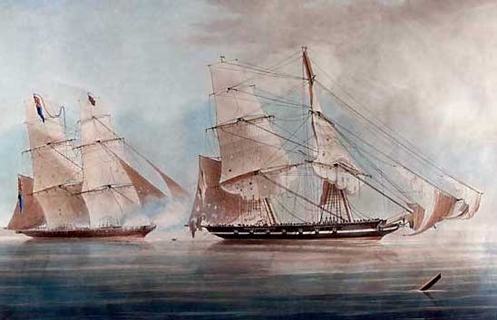 A Royal Navy warship firing on a Spanish slave ship