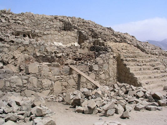 The terraced slopes of a pyramid at Caral