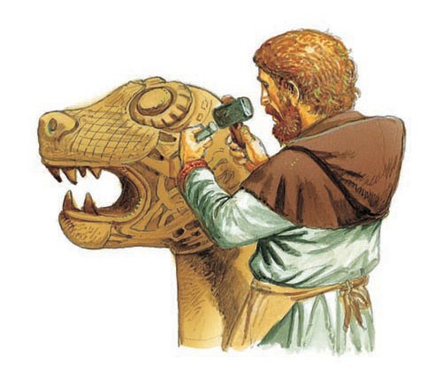 Carving a dragon figurehead for a longship