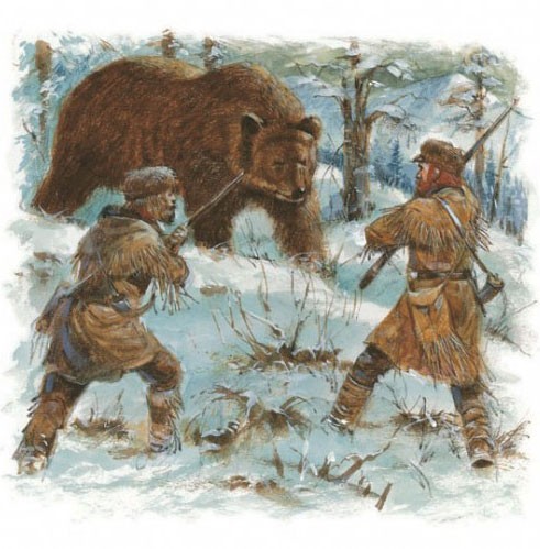 Lewis and Clark face a bear.