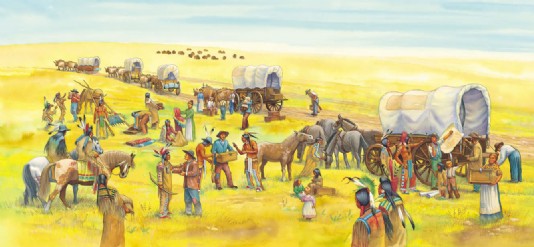 Pioneers meet Native Americans on the Oregon Trail