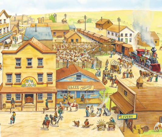 Cowboys herd their cattle to town.