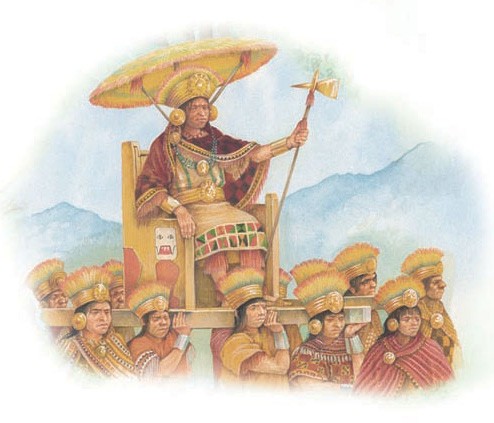 Atahualpa is carried to the meeting at Cajamarca.