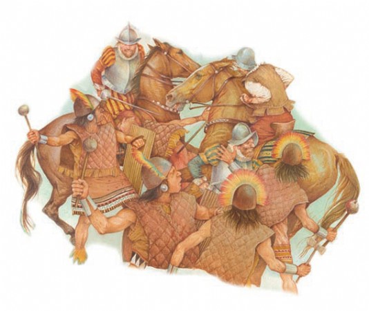 Inca warriors battle Spanish cavalry.