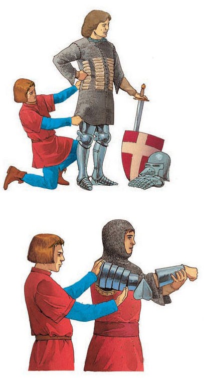 A squire helps a knight on with his armour.