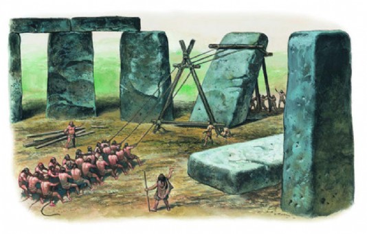 Teams of workers haul a standing stone in place