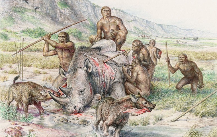 Homo heidelbergensis butchering a rhino