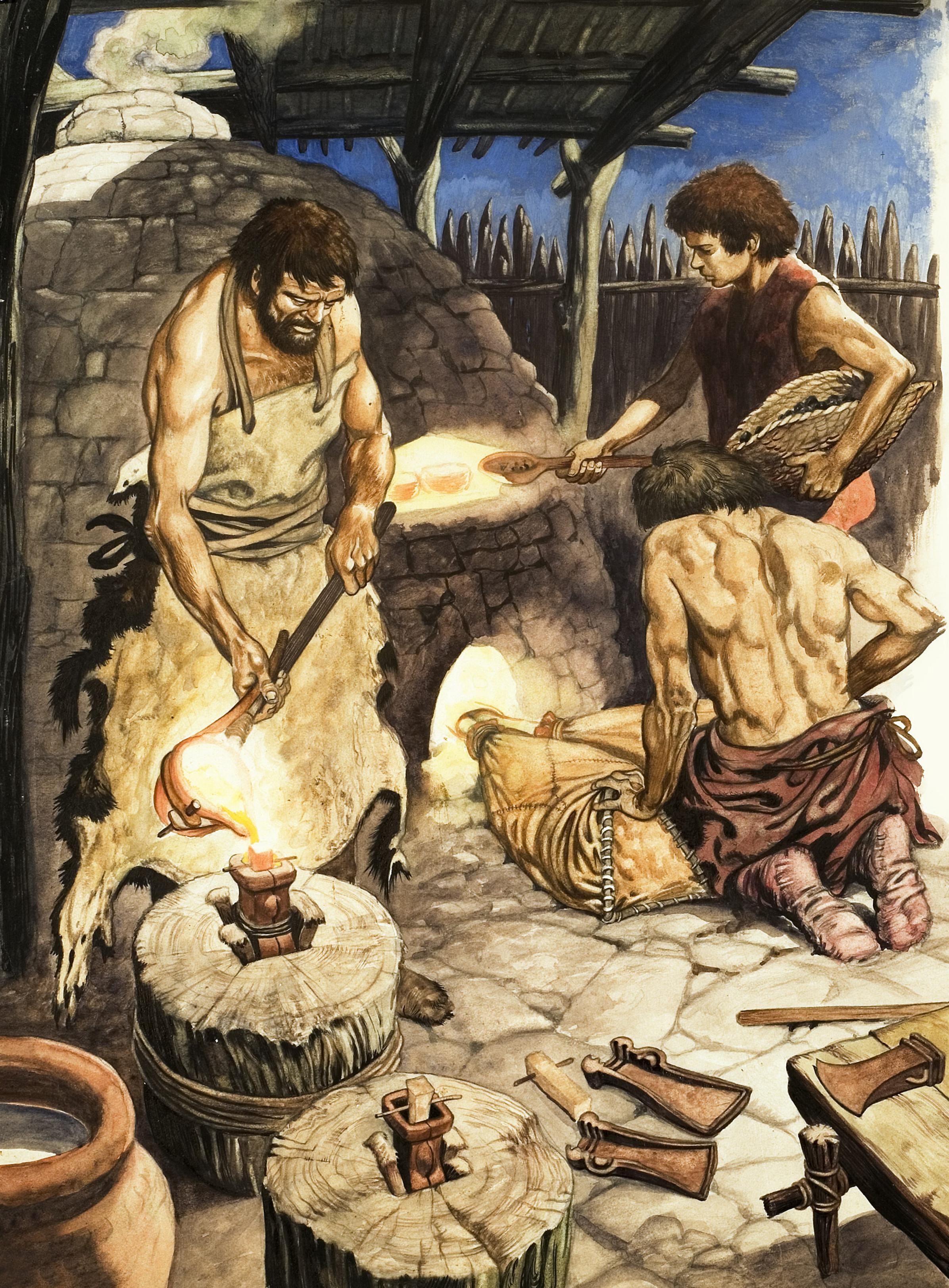 Metalworkers heating bronze to a molten state in a furnace