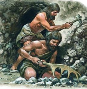 Using axes and antlers to chip flint out of the rock